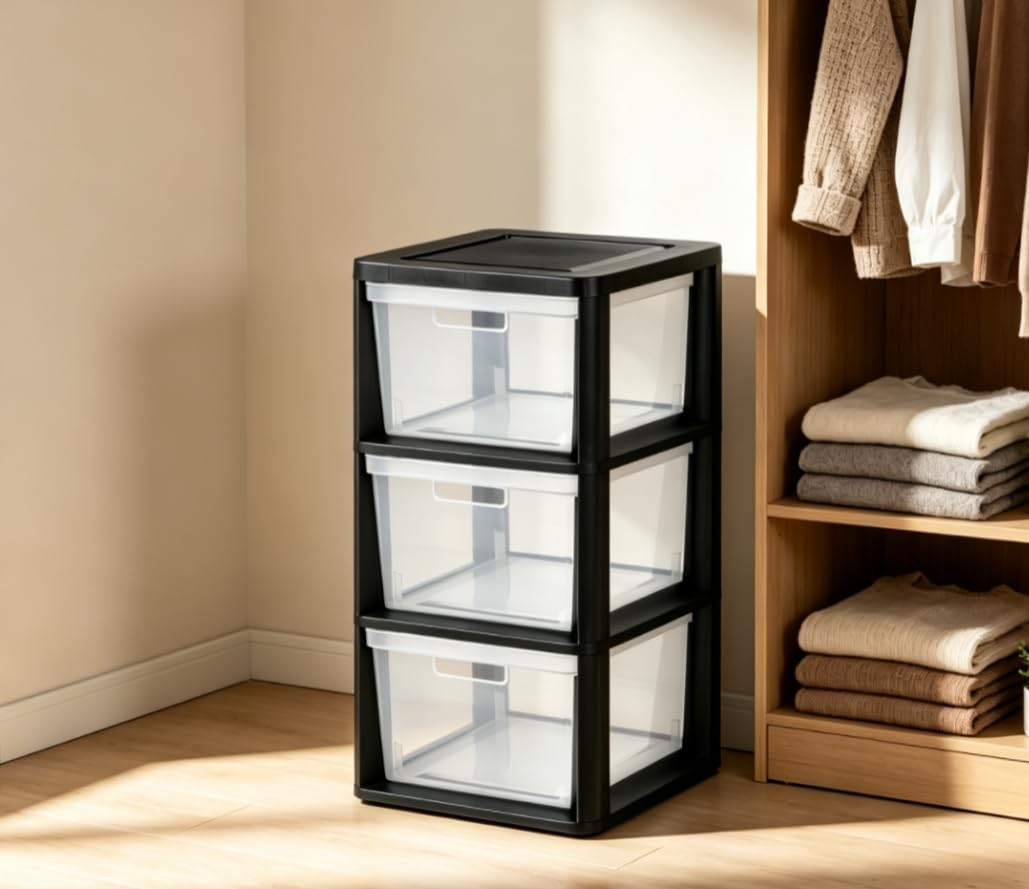 Black 3 Drawer Plastic Storage Tower Q1014