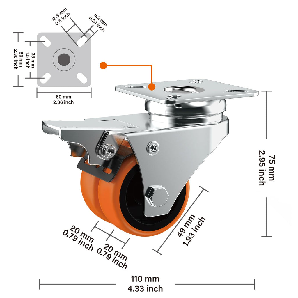 2" Double Wheel Casters with Brake 4 Pack H186681