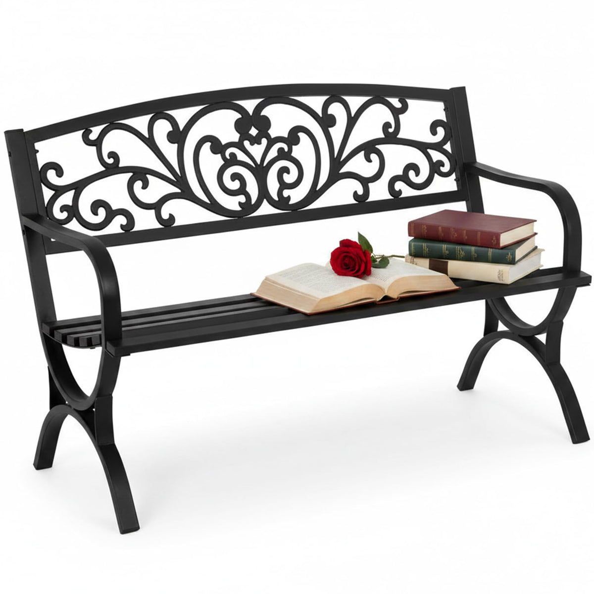 50 Inches Black Metal Outdoor Garden Bench with Floral Pattern Backrest P487464