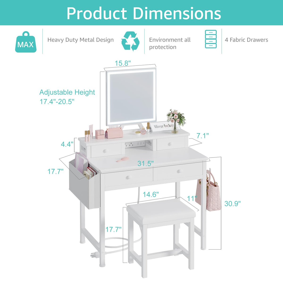 White Makeup Vanity Desk with Mirror and Lights, Chair and Drawers D8243