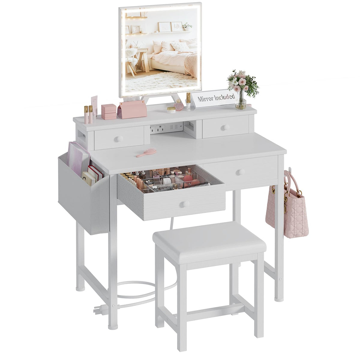 White Makeup Vanity Desk with Mirror and Lights, Chair and Drawers D8243