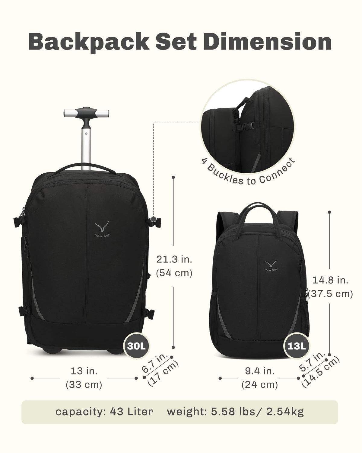 Rolling Backpack with Wheels 43L with Waist Pack Beige L949