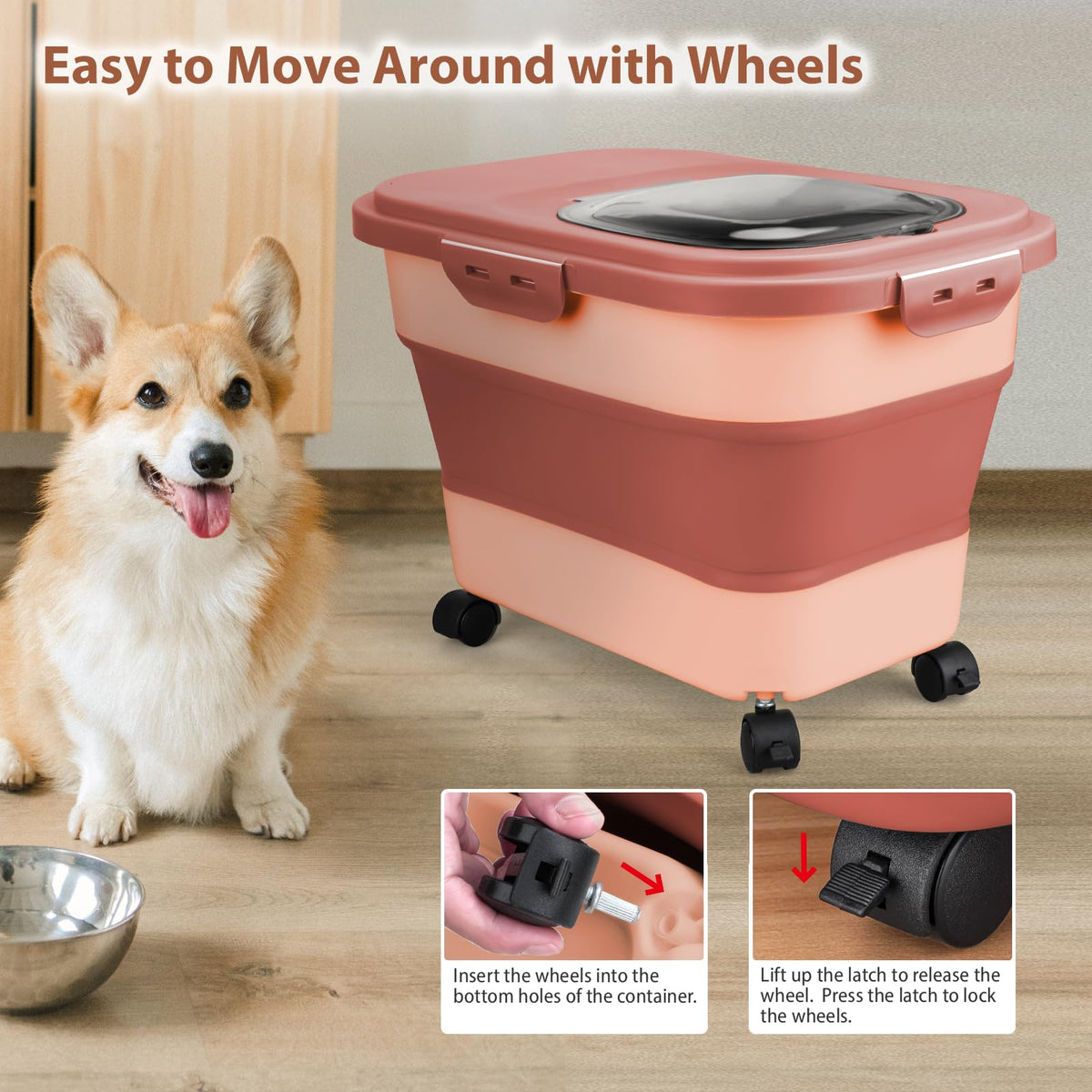 Collapsible Pet Food Storage Container with Wheel, Cup and Scoop T172865