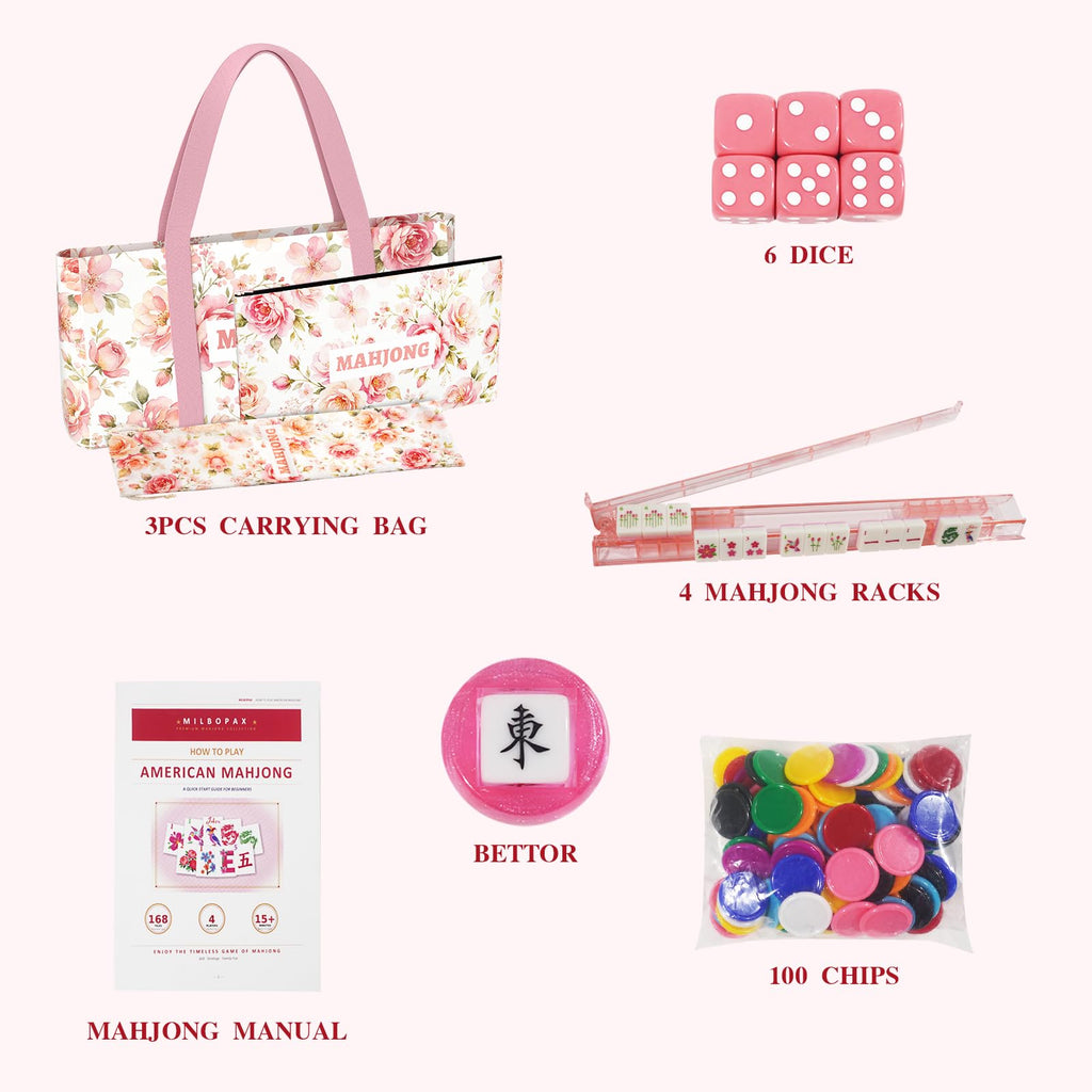 1.2” American Mahjong Set 168 Pink Floral Melamine Tiles M8112
