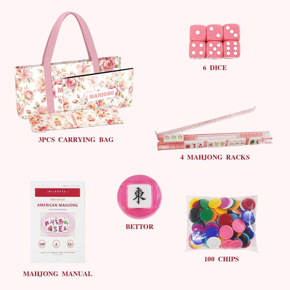 1.2” American Mahjong Set 168 Pink Floral Melamine Tiles M8112