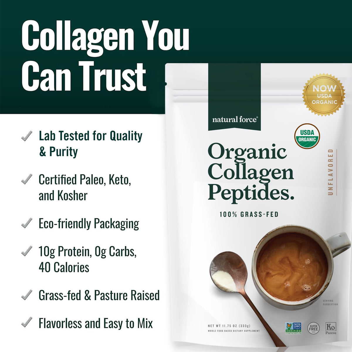 Organic Hydrolyzed Collagen Peptides Powder Unflavored 10.7oz A140