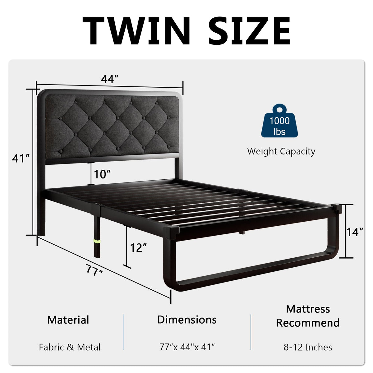 Twin Metal Platform Bed Frame with Linen Upholstered Headboard I9578