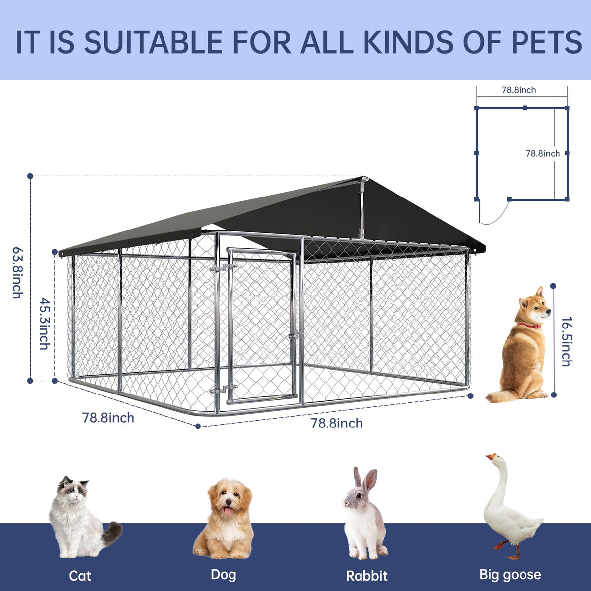 Outdoor Dog Kennel Steel Fence with Secure Lock 78”x 78” T870586