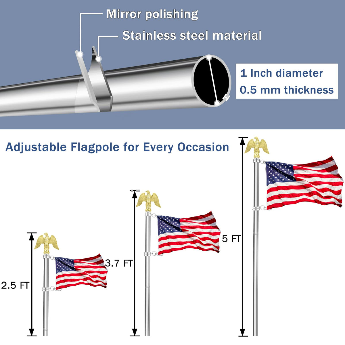 5 FT Stainless Steel Flag Pole with Eagle Topper D71878