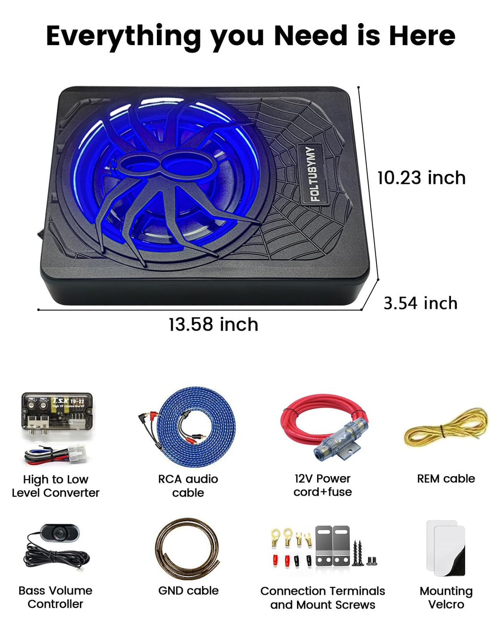 1200W 10" Slim Under Seat Powered Car Subwoofer with Blue LED Light U7276