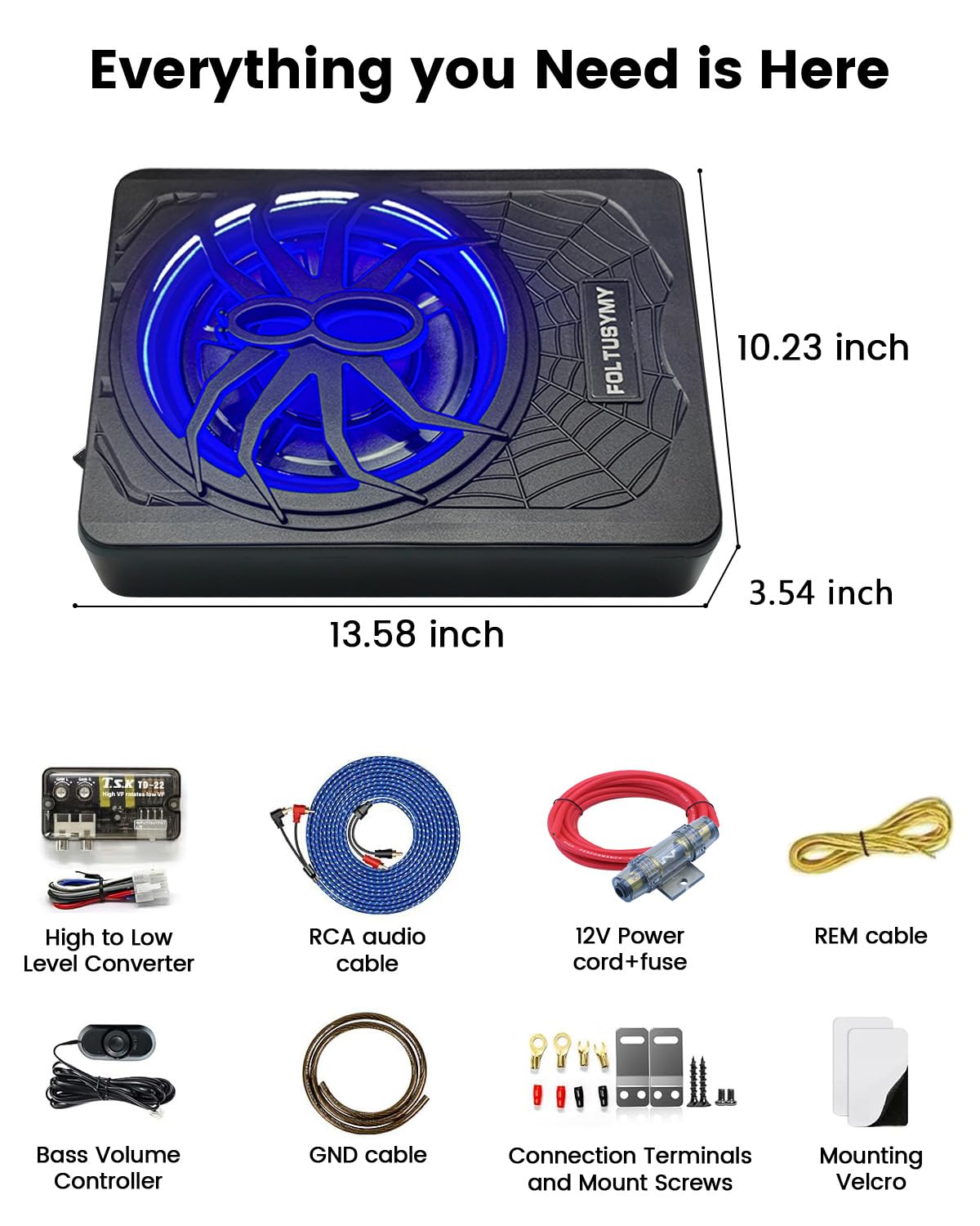1200W 10" Slim Under Seat Powered Car Subwoofer with Blue LED Light U7276