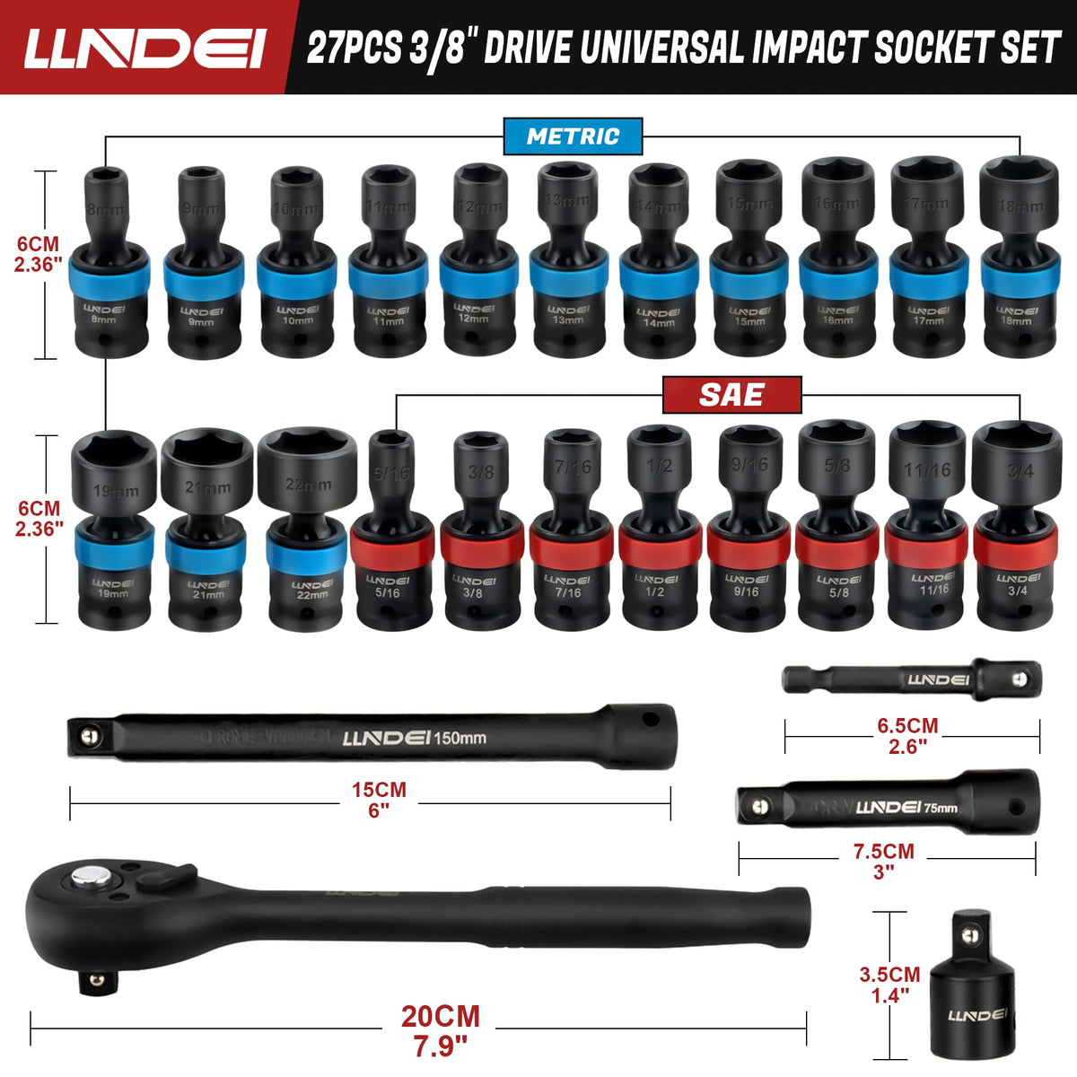 27Pcs 3/8" Impact Swivel Socket Set, Metric & SAE Y219171