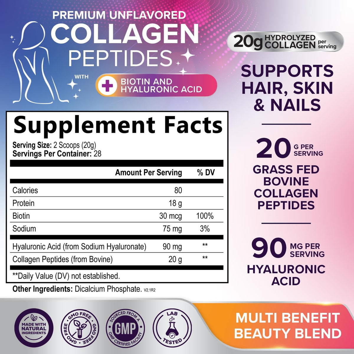 Collagen Peptides Powder 20g Hydrolyzed Bovine Protein Hyaluronic Acid Biotin Unflavored 28 Servings U125190