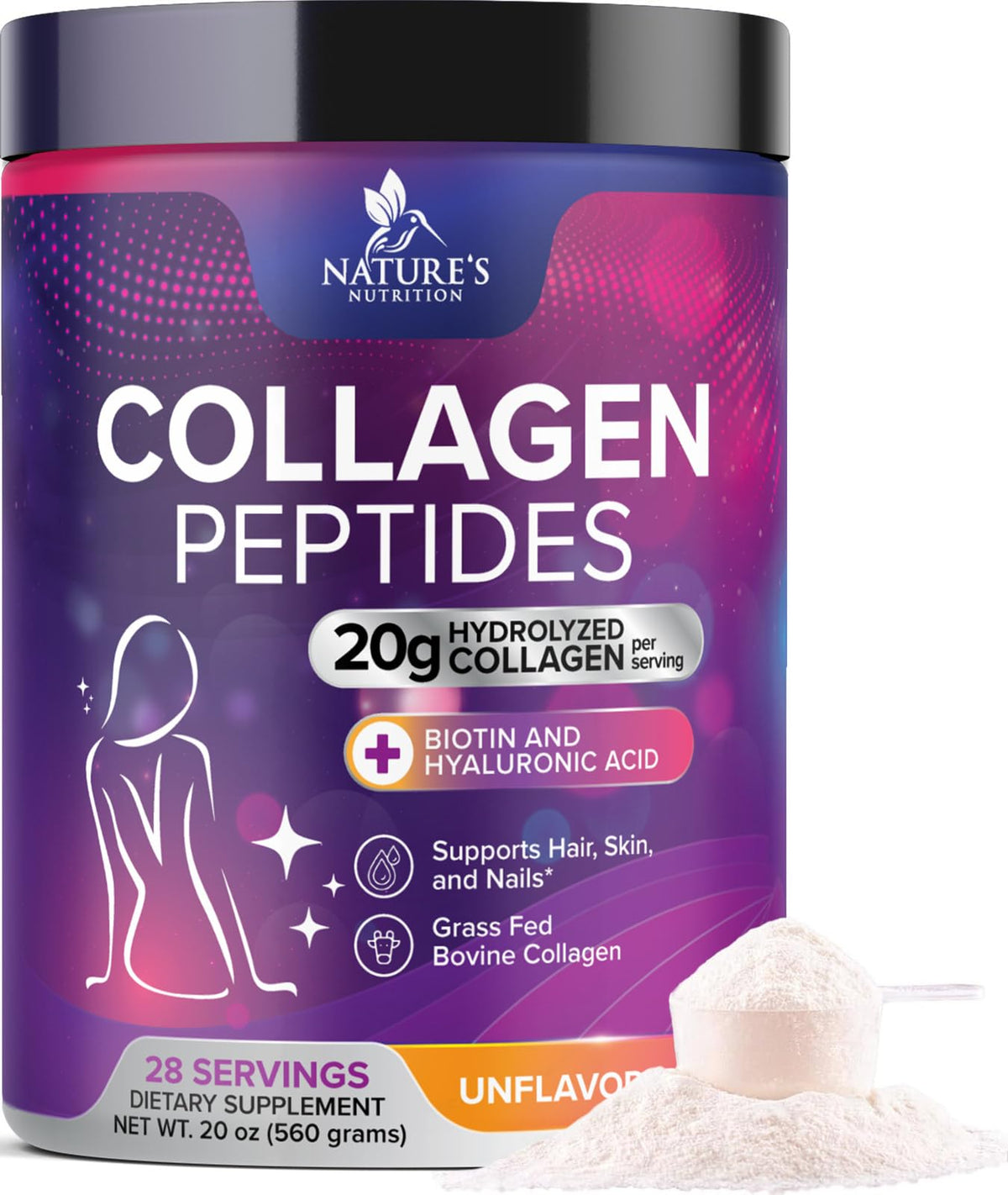 Collagen Peptides Powder 20g Hydrolyzed Bovine Protein Hyaluronic Acid Biotin Unflavored 28 Servings U125190