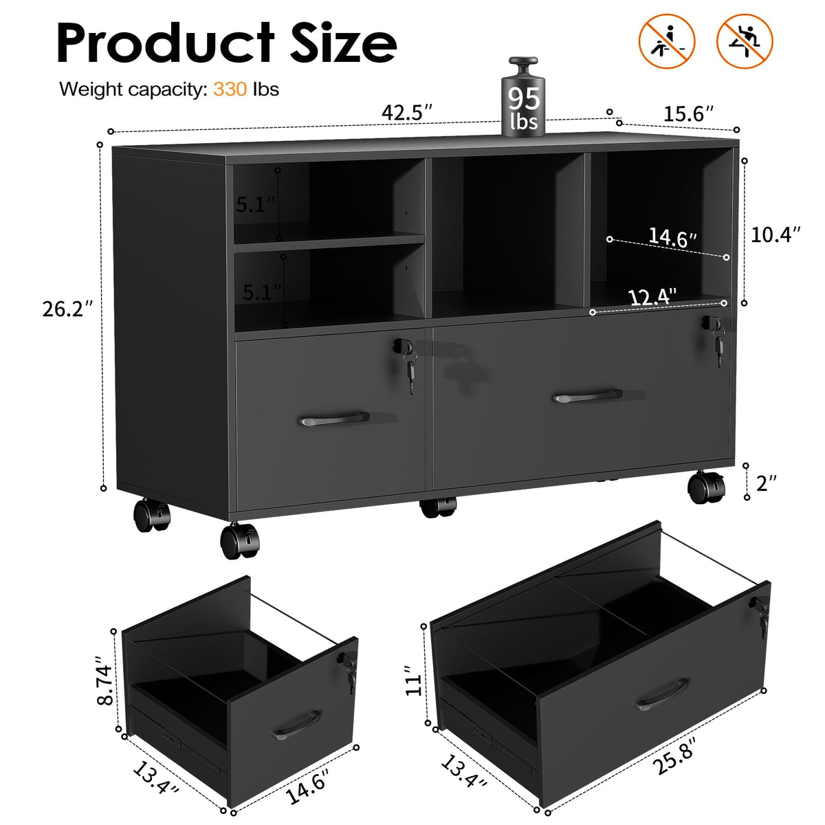 Black 2 Drawer Wood Lateral File Cabinet with Lock W9969