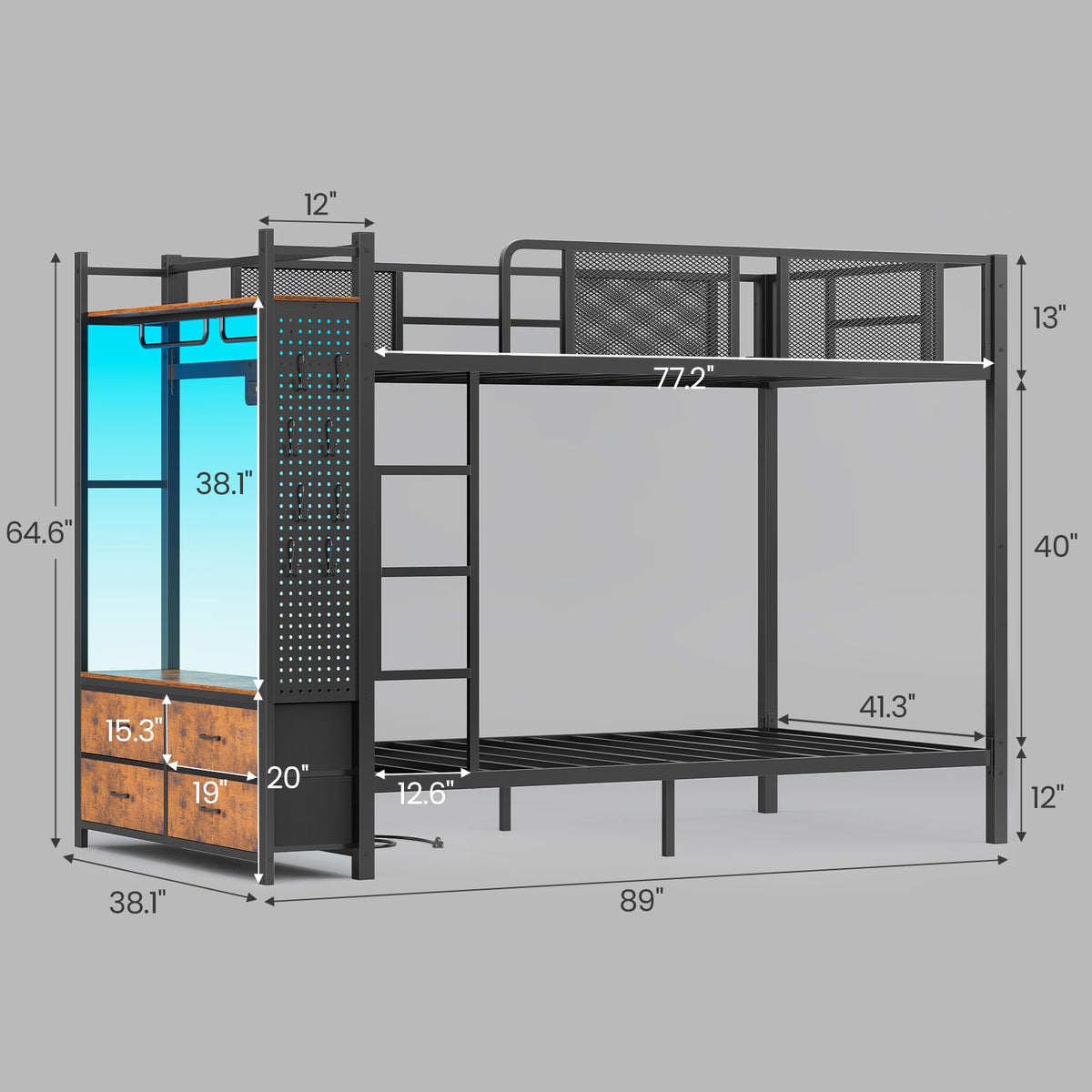 Twin Over Twin Metal Bunk Bed with Hall Tree and 4 Storage Drawers L7852