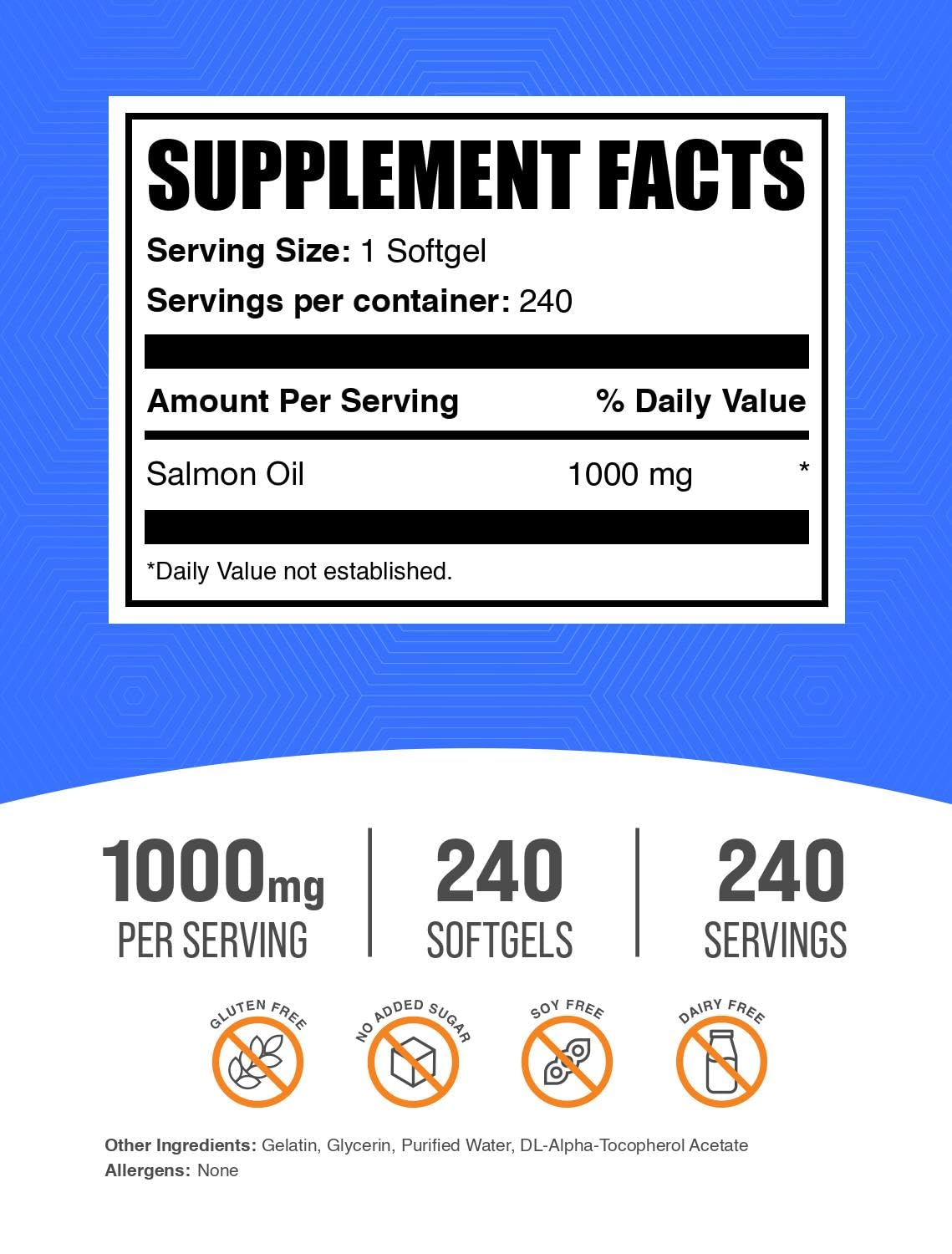 Salmon Oil Softgels - Omega 3, 1000mg, Gluten Free, 240 Count F552