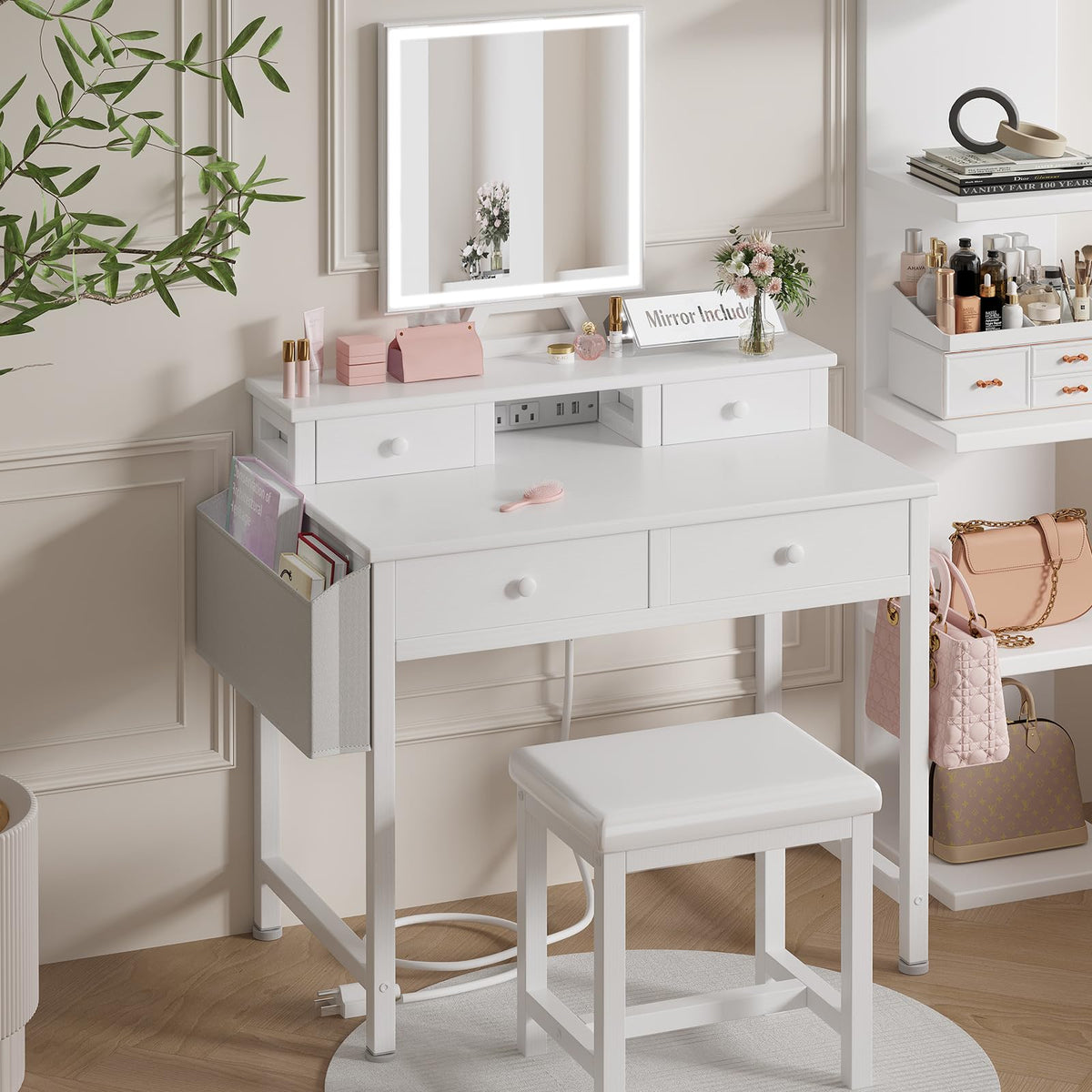 White Makeup Vanity Desk with Mirror and Lights, Chair and Drawers D8243