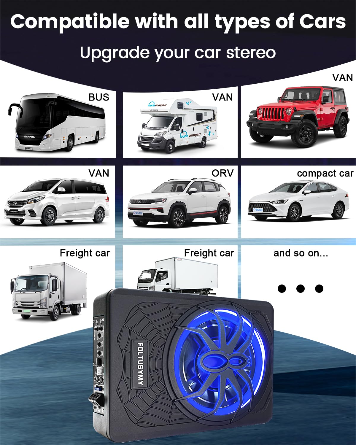 1200W 10" Slim Under Seat Powered Car Subwoofer with Blue LED Light U7276