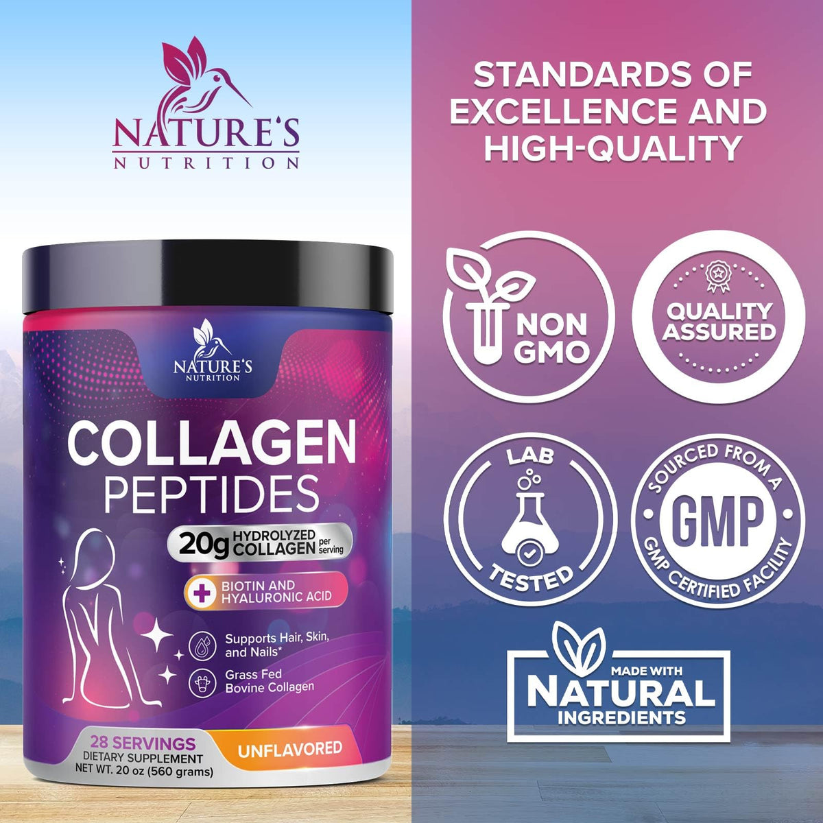 Collagen Peptides Powder 20g Hydrolyzed Bovine Protein Hyaluronic Acid Biotin Unflavored 28 Servings U125190