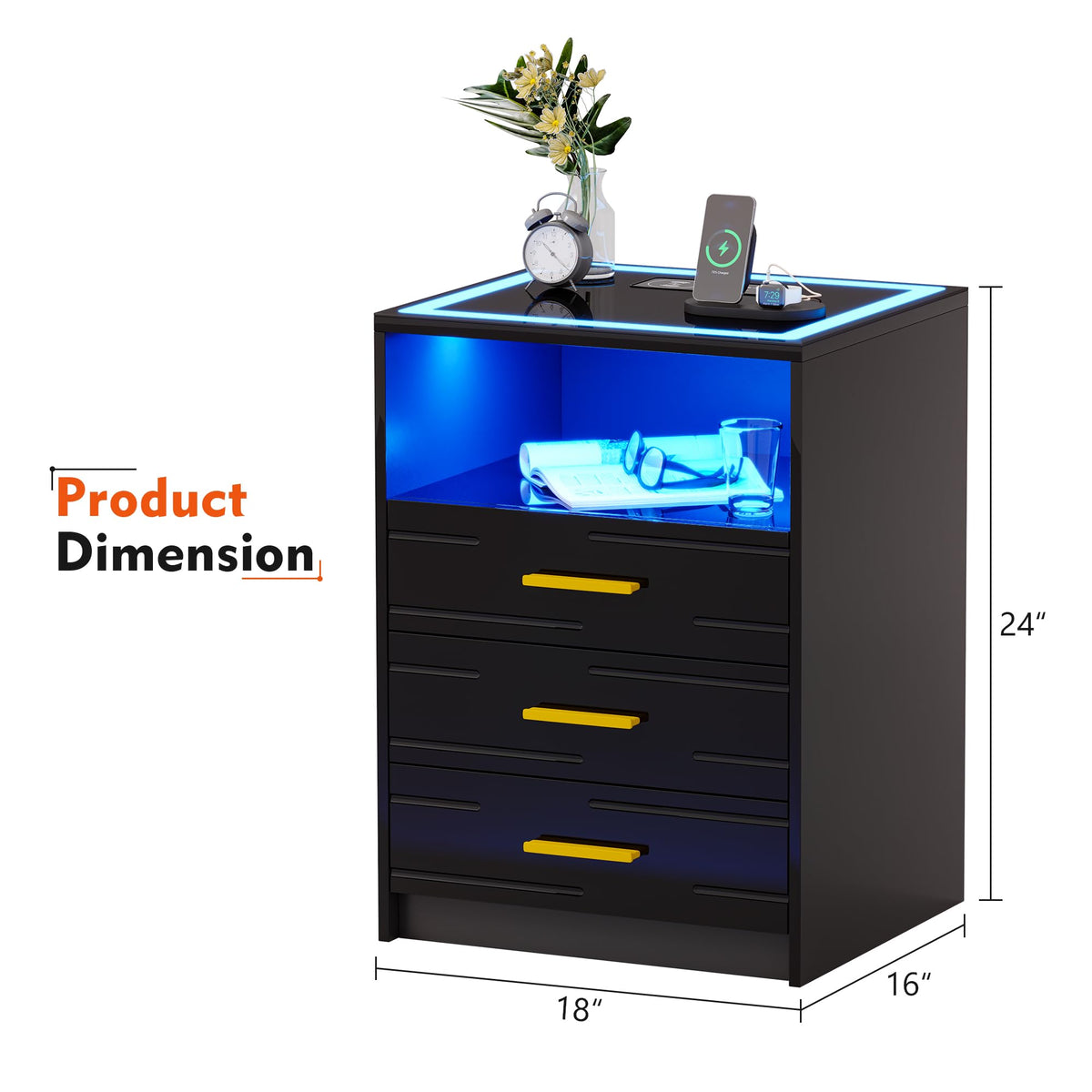 Black Glass Top 3 Drawer Nightstand with Wireless Charging W744434