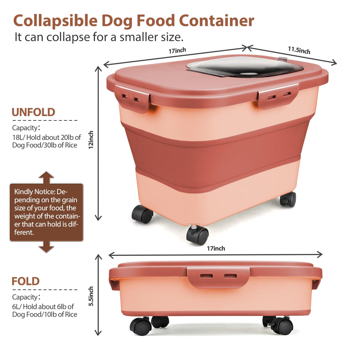 Collapsible Pet Food Storage Container with Wheel, Cup and Scoop T172865