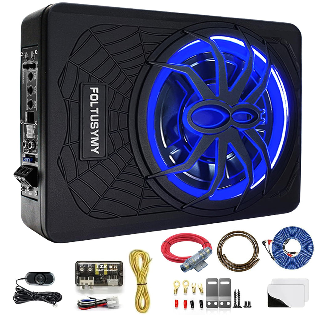1200W 10" Slim Under Seat Powered Car Subwoofer with Blue LED Light U7276