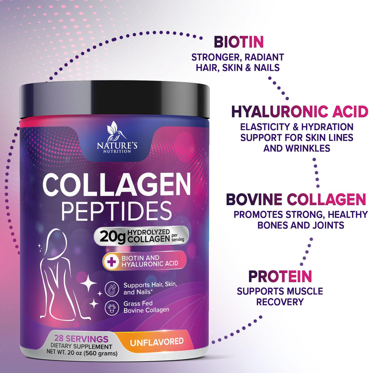 Collagen Peptides Powder 20g Hydrolyzed Bovine Protein Hyaluronic Acid Biotin Unflavored 28 Servings U125190