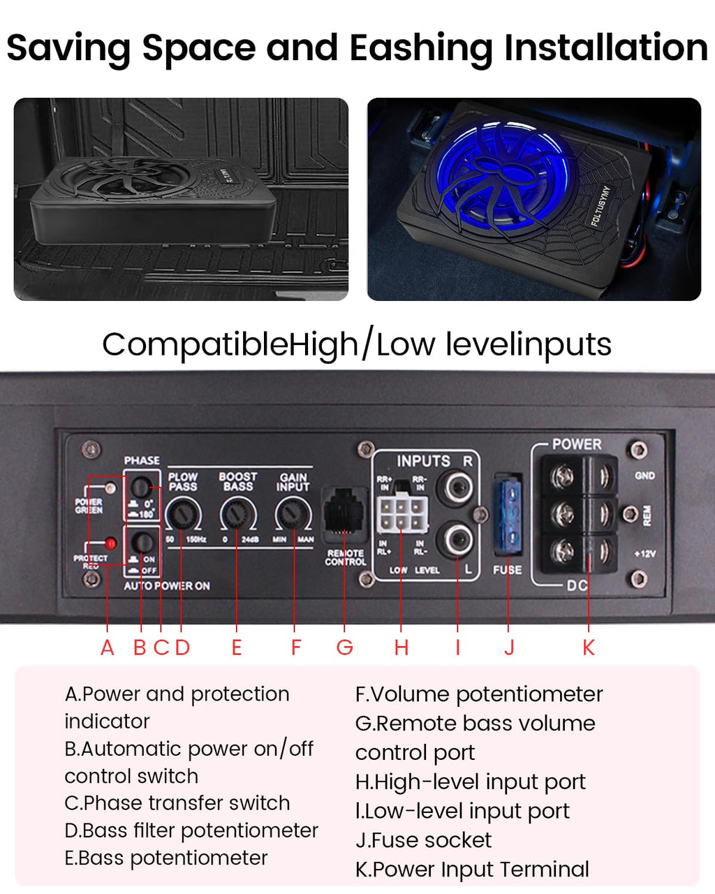 1200W 10" Slim Under Seat Powered Car Subwoofer with Blue LED Light U7276