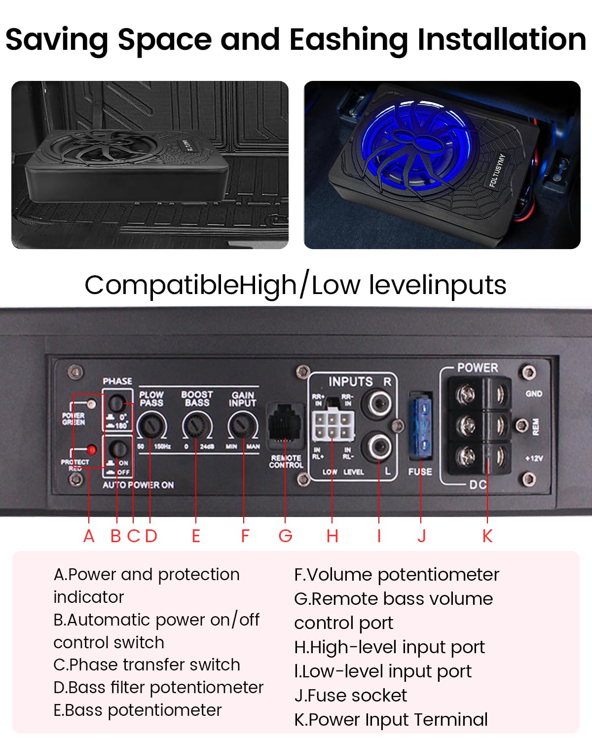 1200W 10" Slim Under Seat Powered Car Subwoofer with Blue LED Light U7276