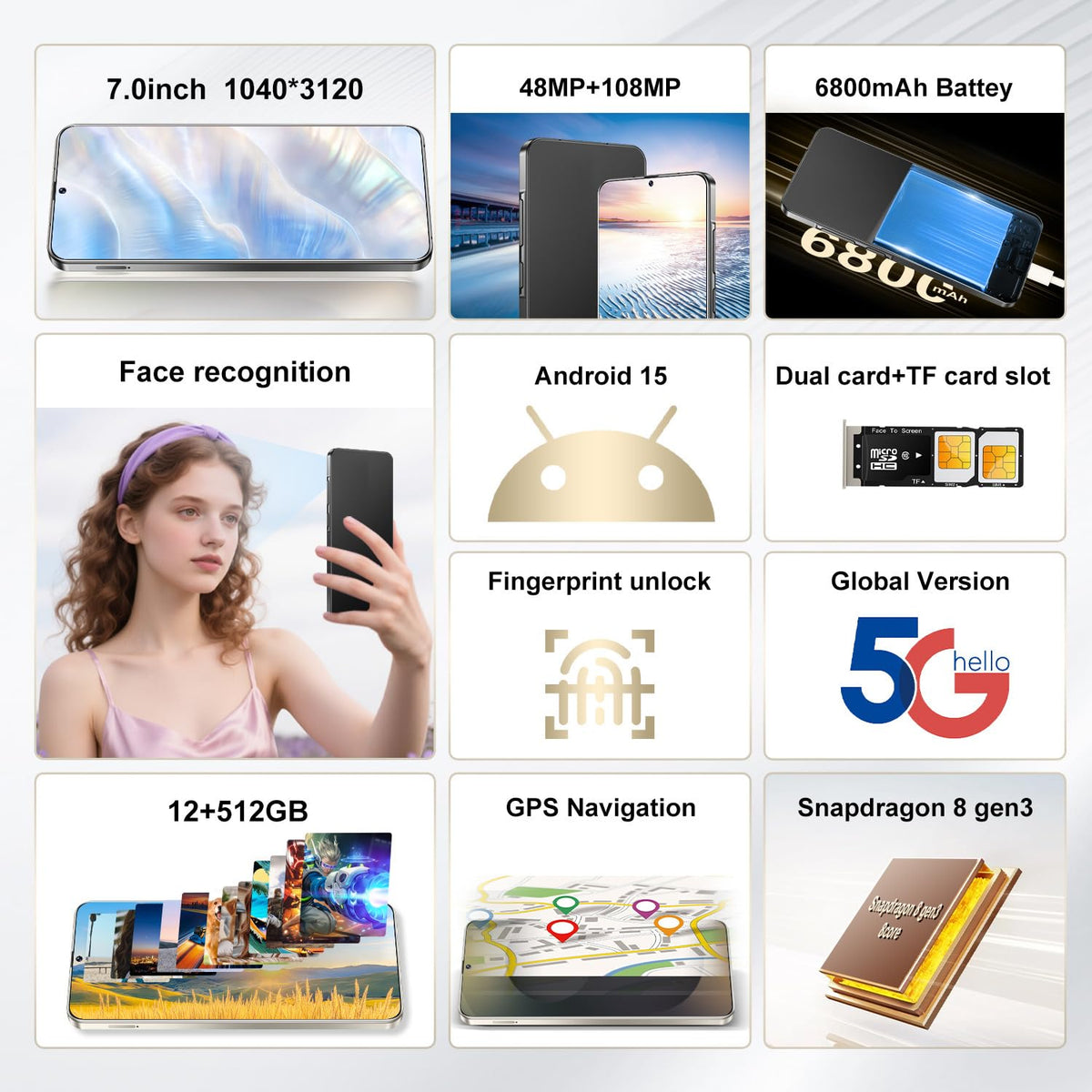 Unlocked 5G Smartphone Android 15 12GB+512GB 7" HD Screen 6800mAh Dual SIM Black S592