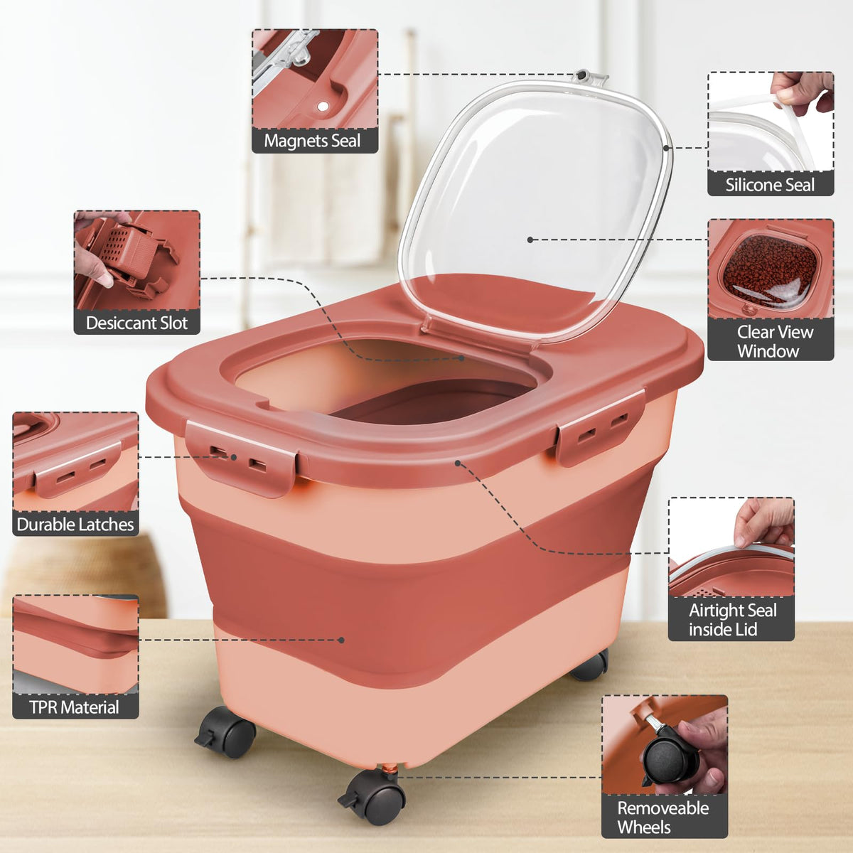 Collapsible Pet Food Storage Container with Wheel, Cup and Scoop T172865