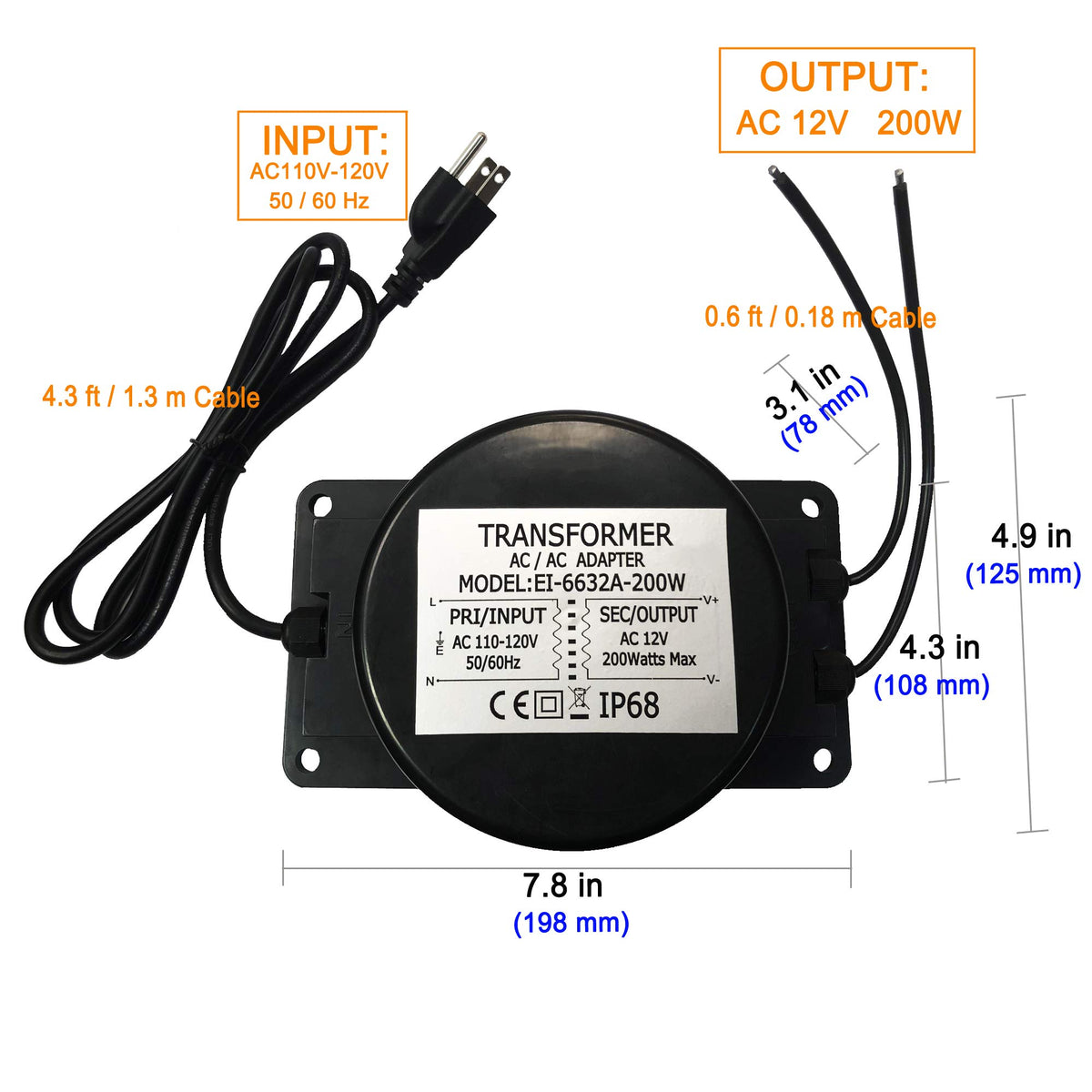 12V AC 200W Waterproof LED Power Supply Transformer K9366