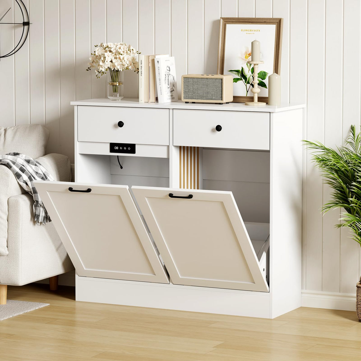 White 20-Gallon Wooden Tilt-Out Trash Can Cabinet F877
