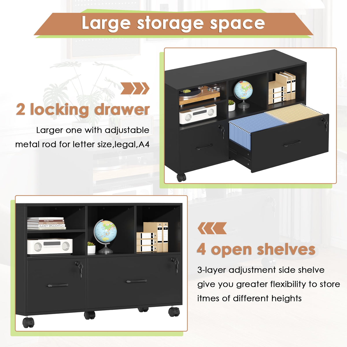 Black 2 Drawer Wood Lateral File Cabinet with Lock W9969