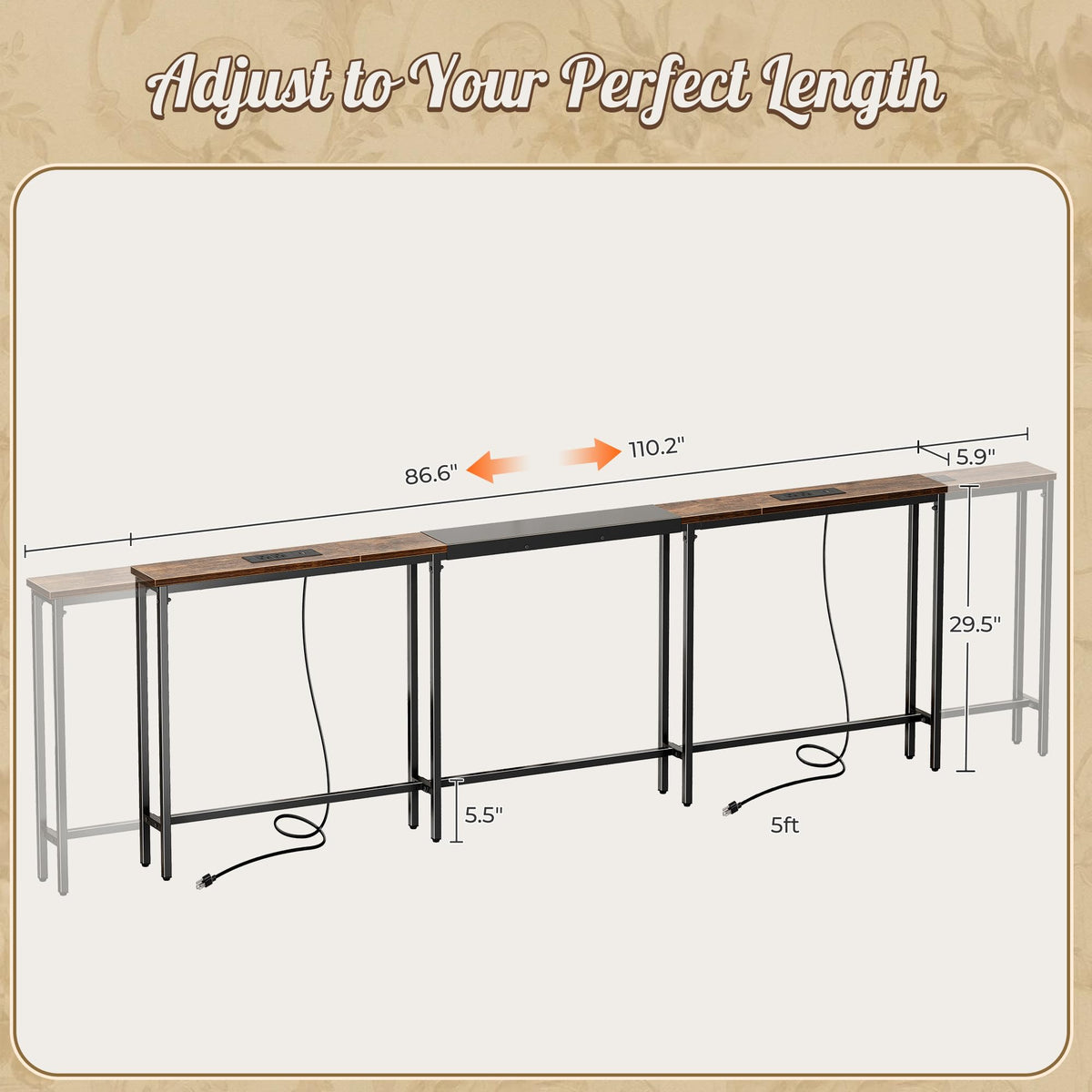 Narrow Sofa Table with 2 Power Outlets and USB-C Port Z441678