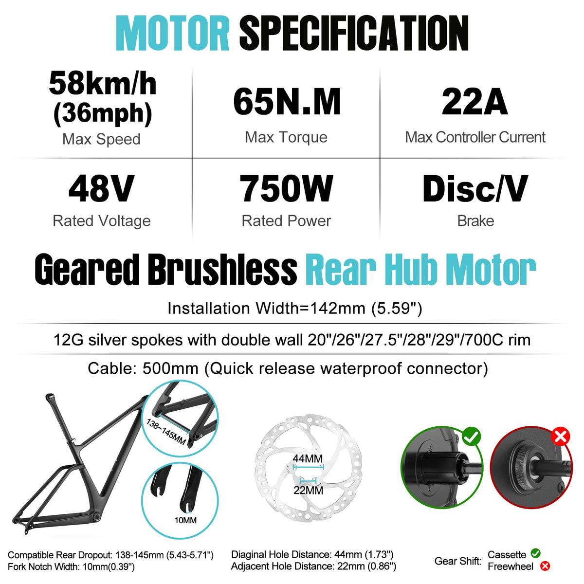 48V 750W Rear Electric Bike Conversion Kit I990