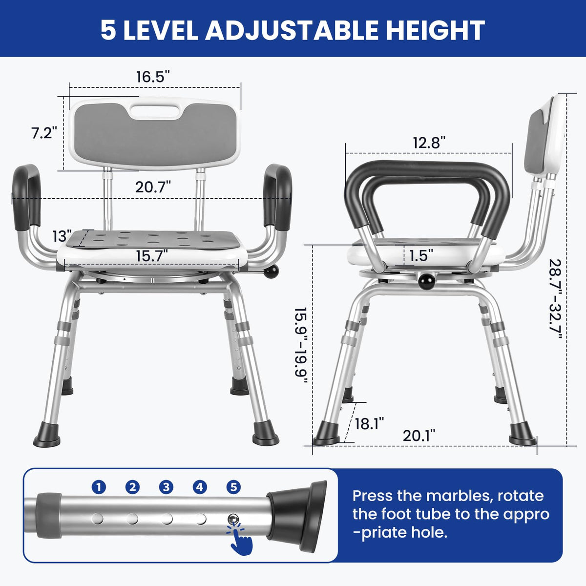 Swivel Shower Chair with Arms & Back, 5-Level Height Adjustable, 300 lbs W24496