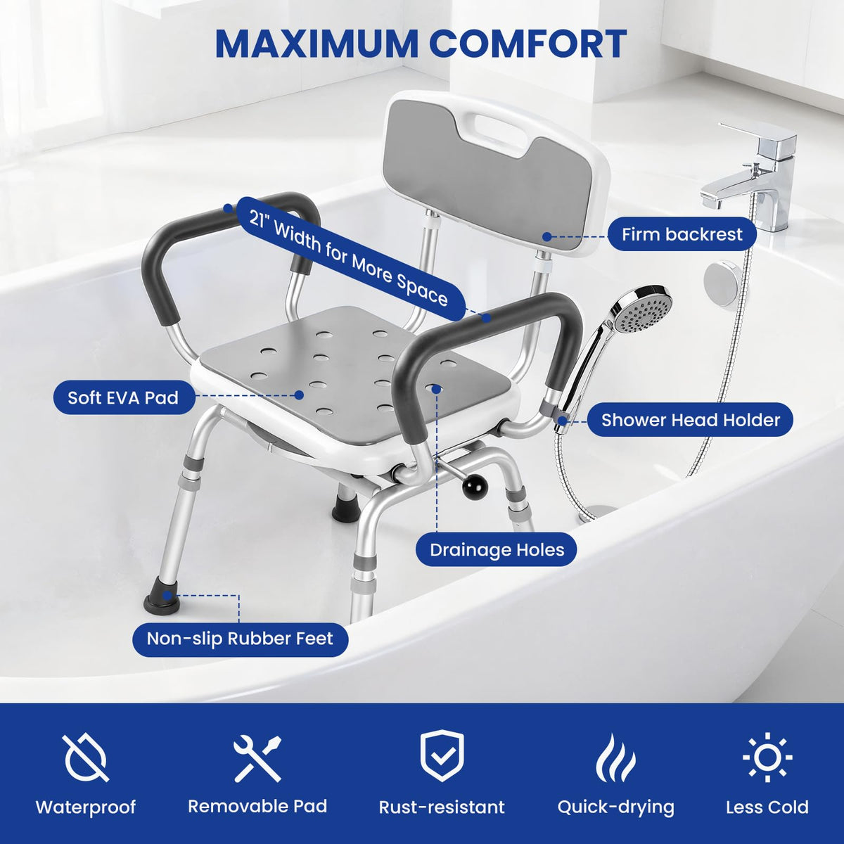Swivel Shower Chair with Arms & Back, 5-Level Height Adjustable, 300 lbs W24496