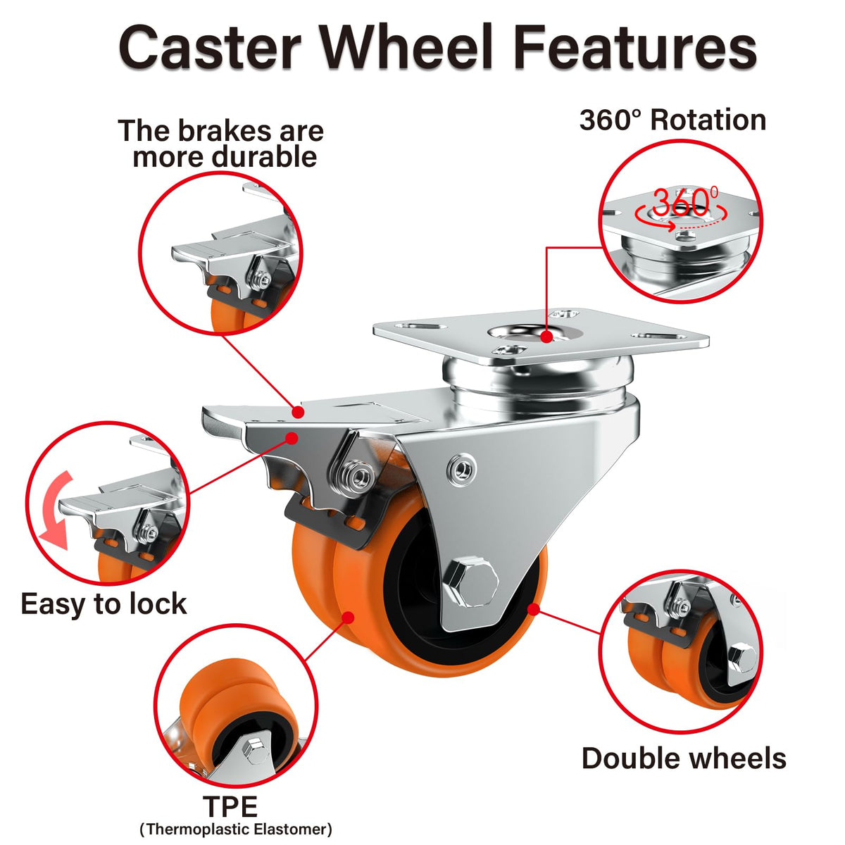 2" Double Wheel Casters with Brake 4 Pack H186681