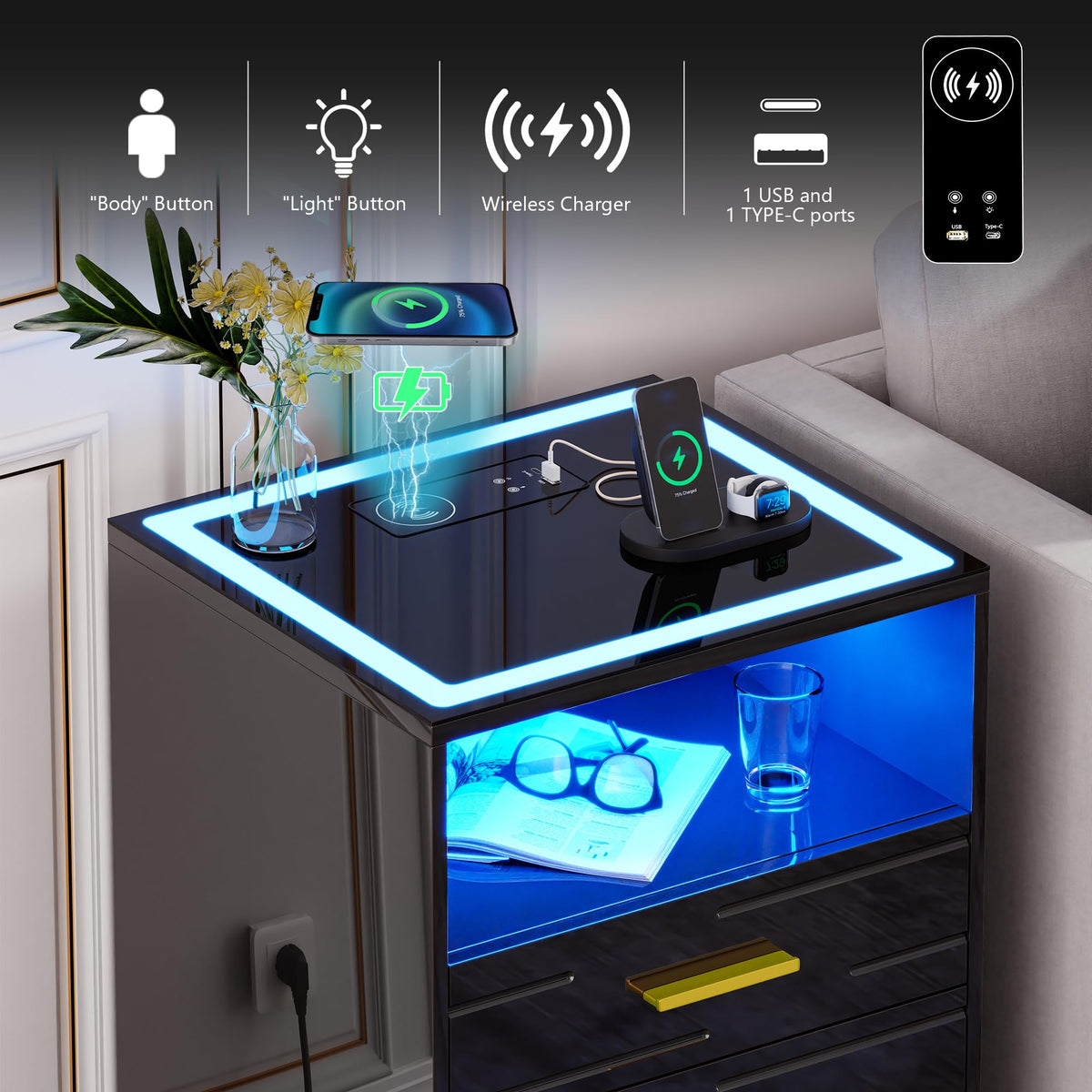 Black Glass Top 3 Drawer Nightstand with Wireless Charging W744434