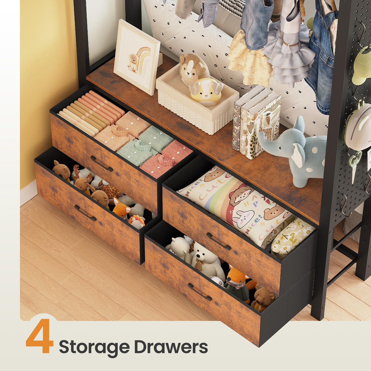 Twin Over Twin Metal Bunk Bed with Hall Tree and 4 Storage Drawers L7852