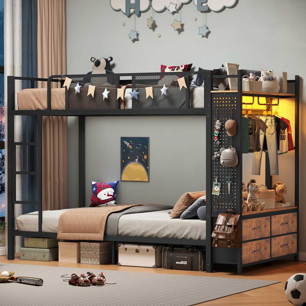 Twin Over Twin Metal Bunk Bed with Hall Tree and 4 Storage Drawers L7852