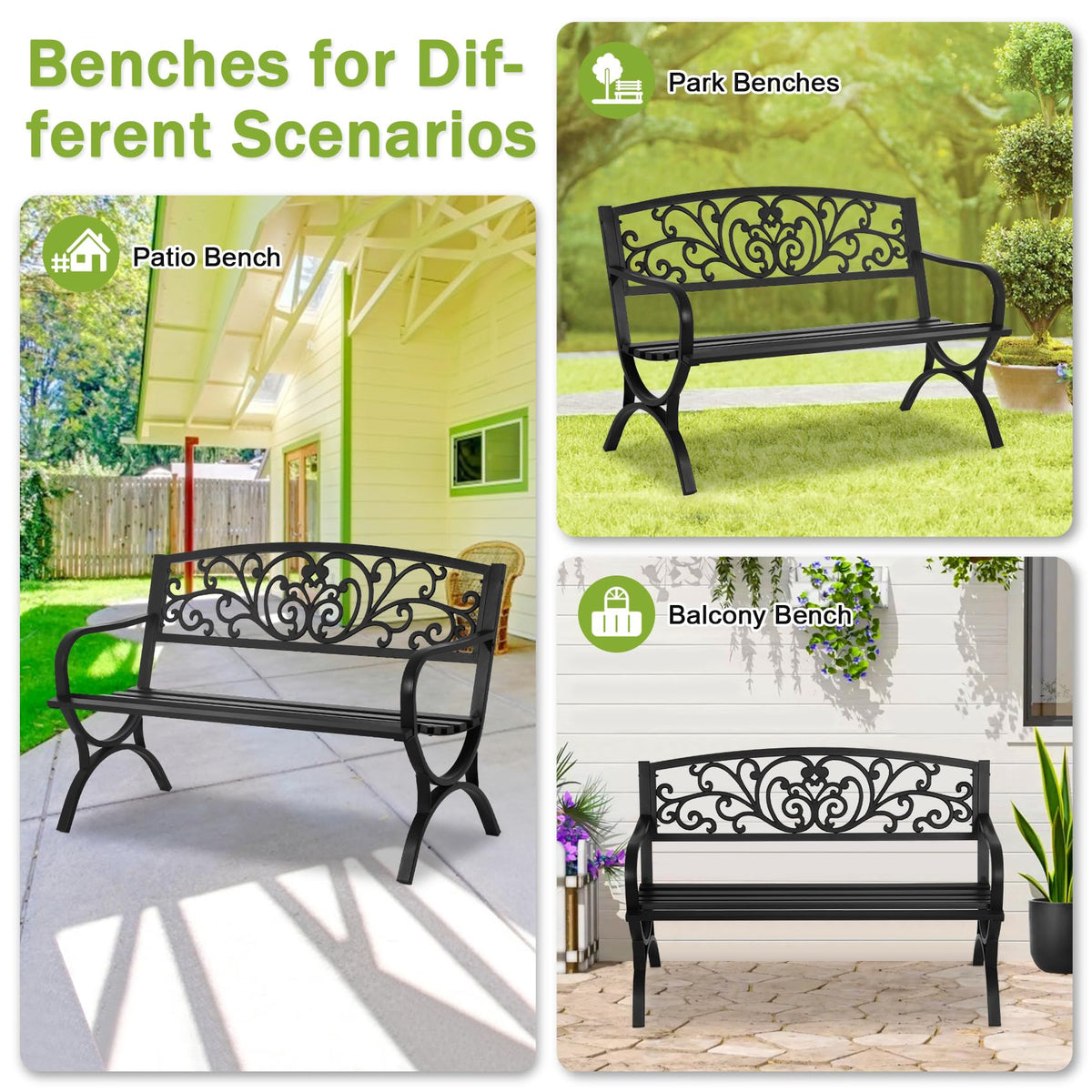 50 Inches Black Metal Outdoor Garden Bench with Floral Pattern Backrest P487464