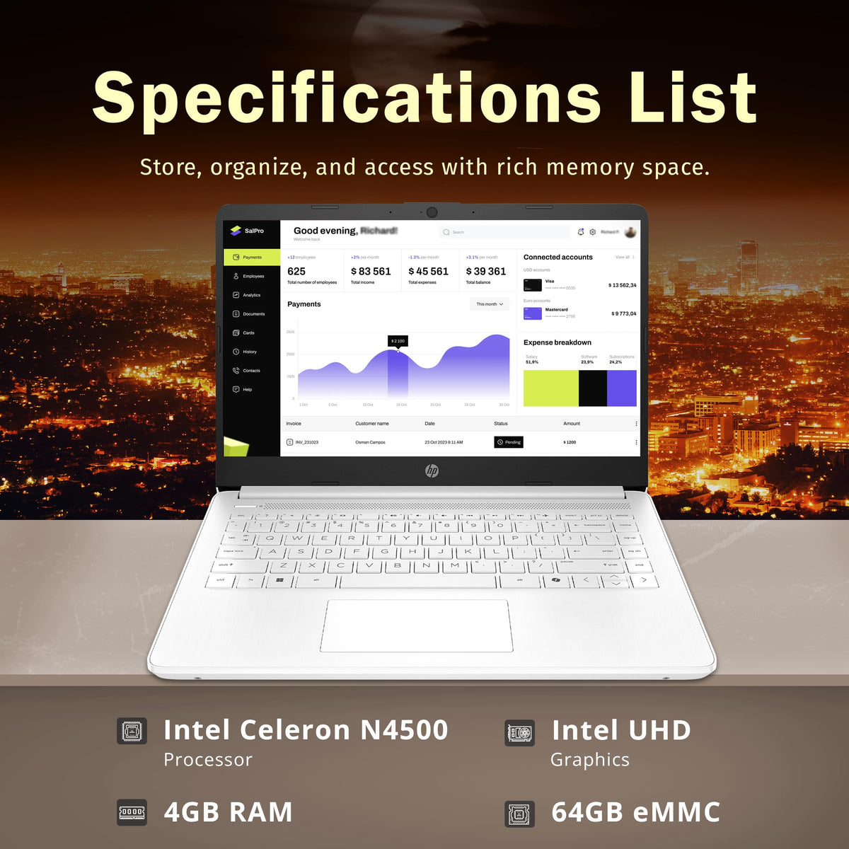14" HD Laptop, Intel Celeron N4500, 4GB DDR4 RAM, 64GB eMMC, White A519