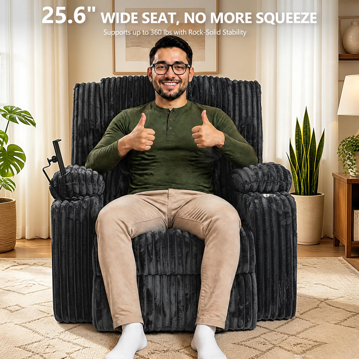 Oversized Power Swivel Rocker Recliner Chair with Vibration Massage & Heat, Dark Gray Corduroy V153248