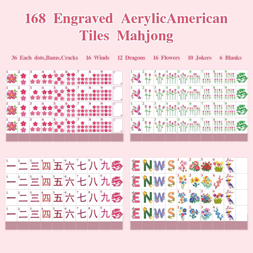1.2” American Mahjong Set 168 Pink Floral Melamine Tiles M8112