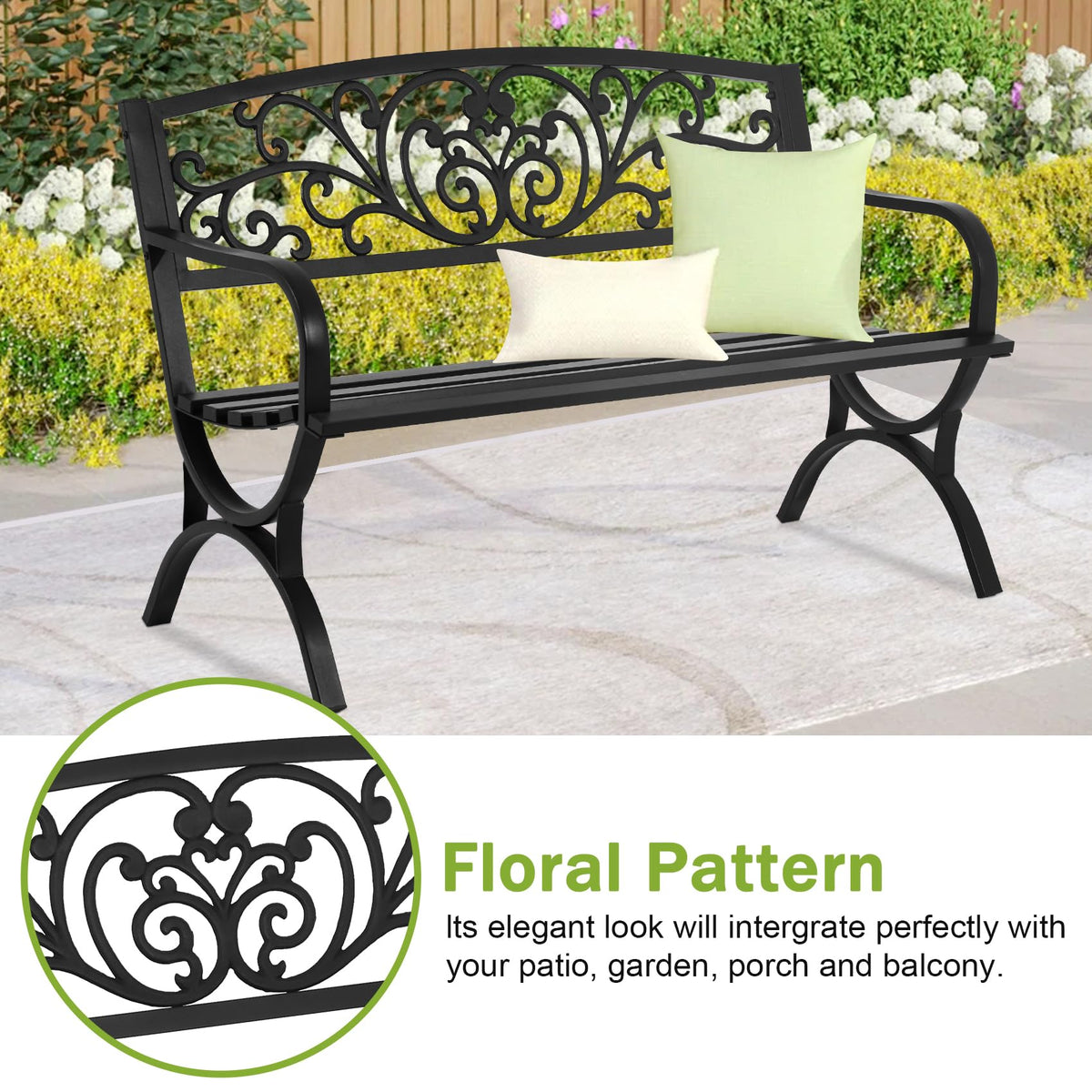 50 Inches Black Metal Outdoor Garden Bench with Floral Pattern Backrest P487464