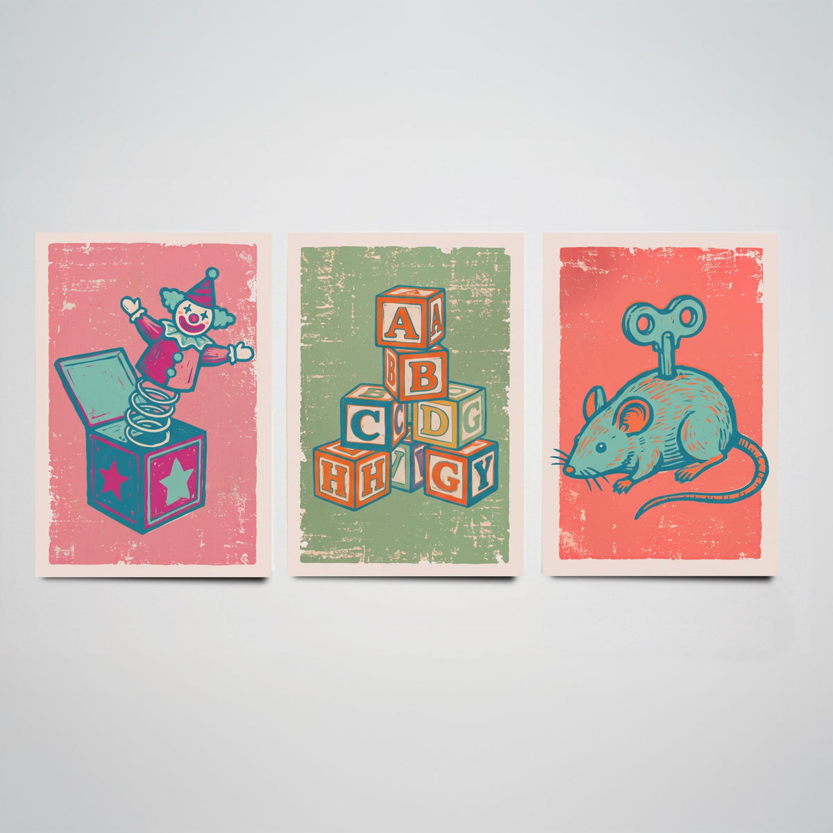 Art Prints Set of 3 Retro Linocut Style L1123