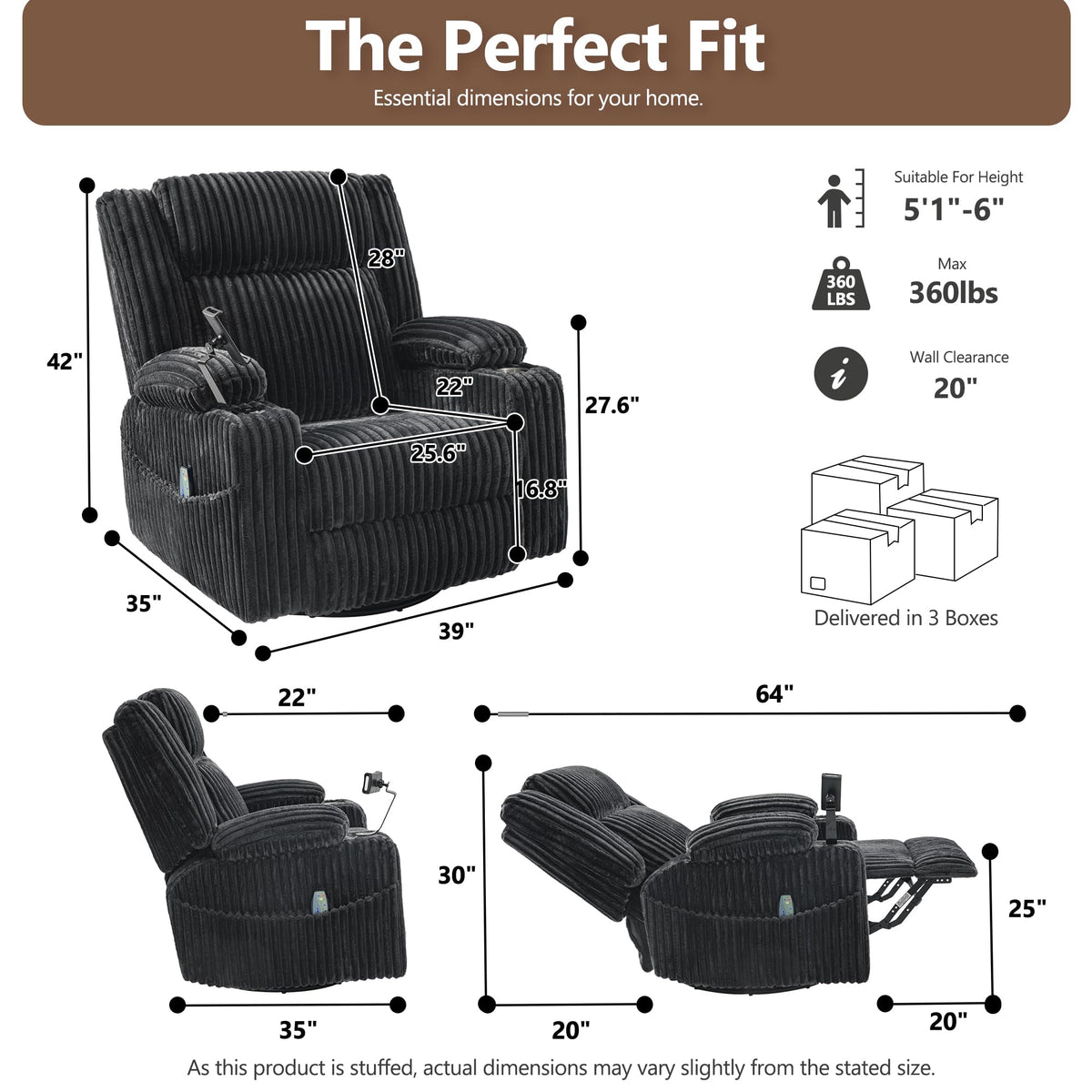 Oversized Power Swivel Rocker Recliner Chair with Vibration Massage & Heat, Dark Gray Corduroy V153248